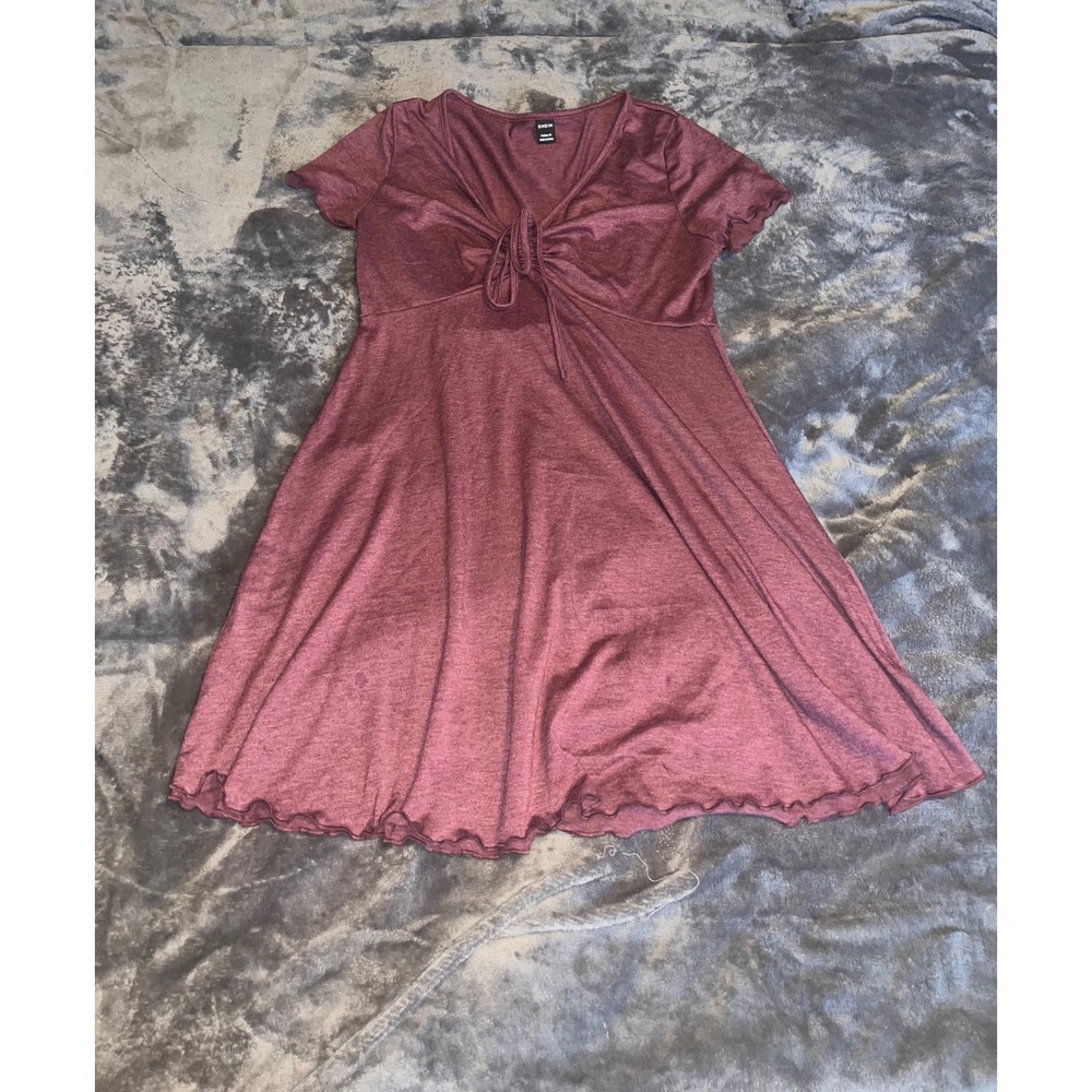 SHEIN Petite Burgundy Tie Front Lettuce Trim V-Neck Skater Mini Dress Womens M
